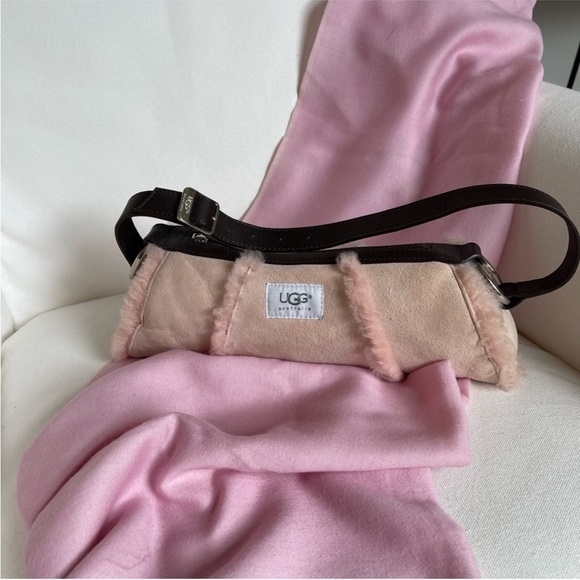 UGG Pink Suede Shoulder Purse Shearling Lined Leather Handbag Bag - Picture 1 of 14